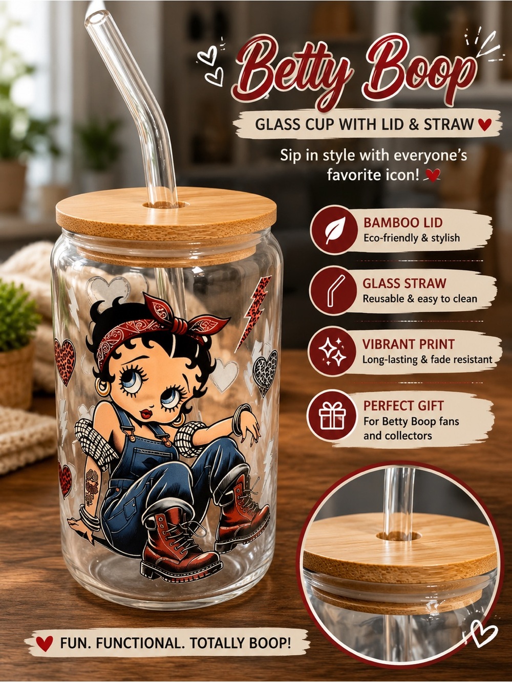 Betty Boop Glass Tumbler with Bamboo Lid and Straw - Multi